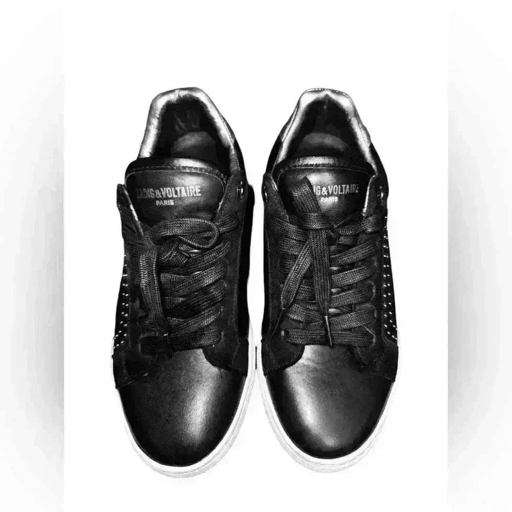 Zadig & Voltaire Lace Up Studded Trim Low Top Sneakers - Black Leather - Size 38